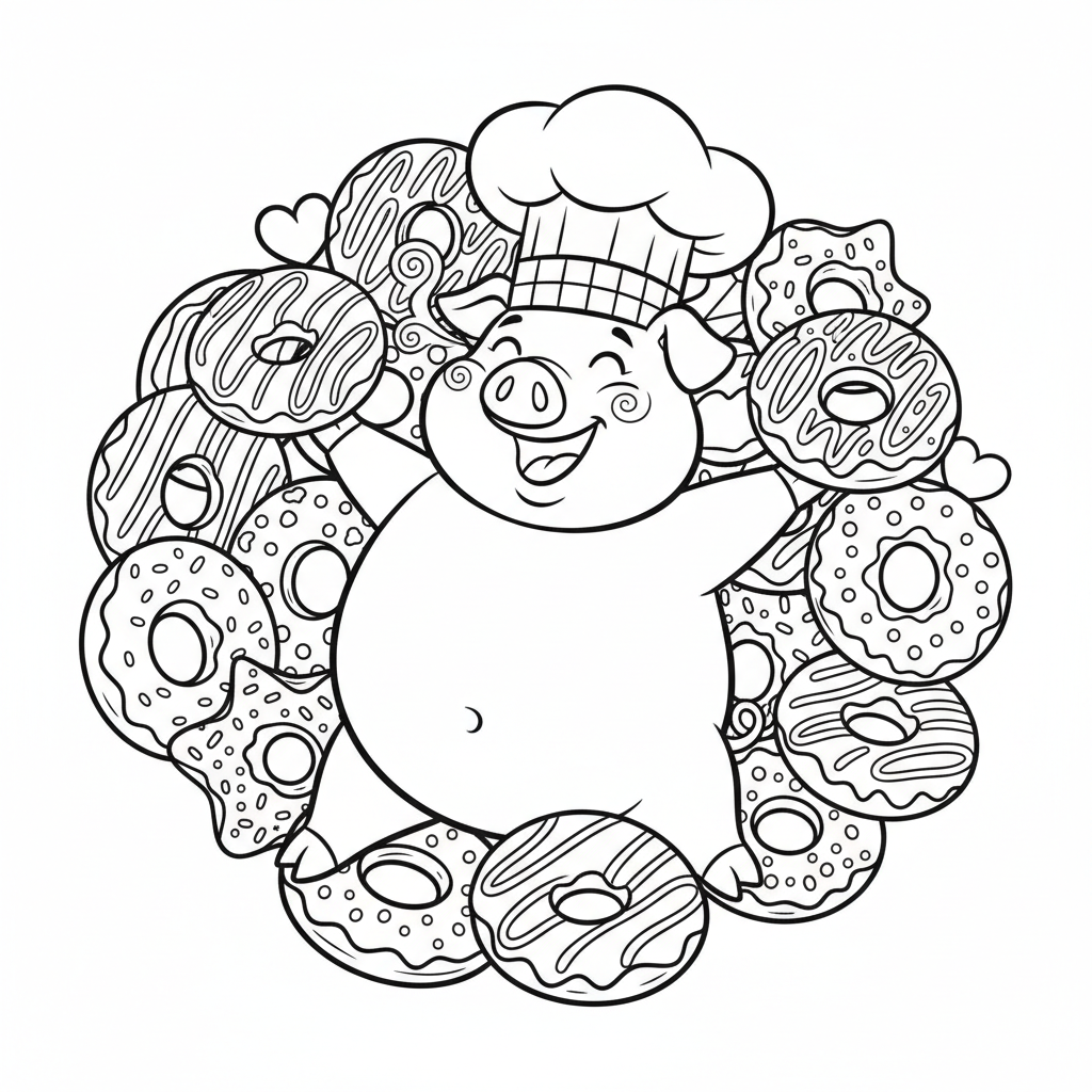 Radosna kreskówkowa świnka w czapce kucharza, otoczona pączkami, kolorowanka dla dzieci, czarne kontury, białe tło.