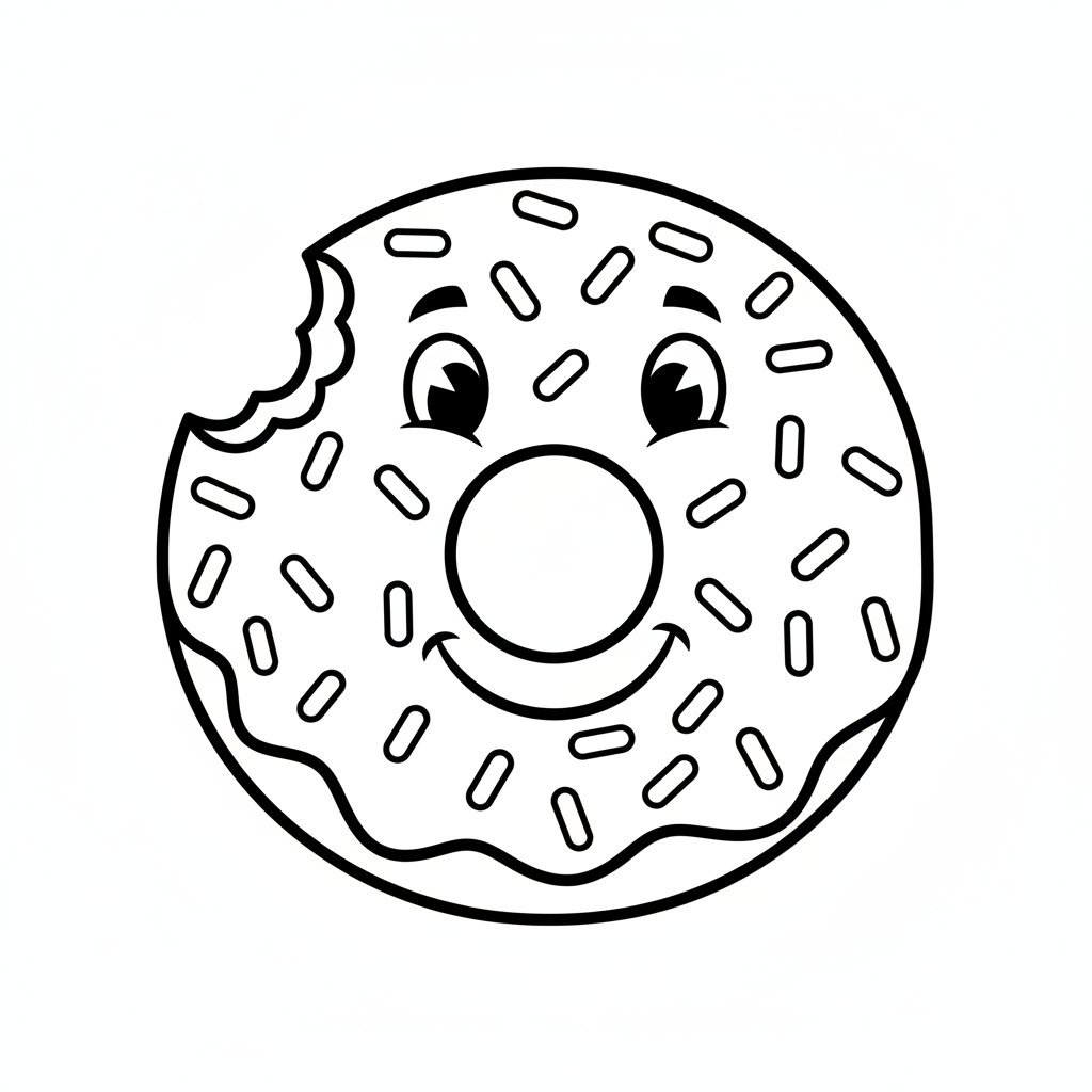 Szczęśliwy, uśmiechnięty pączek posypany cukierkami, z ugryzionym kawałkiem, kolorowanka dla dzieci, czarne kontury,...