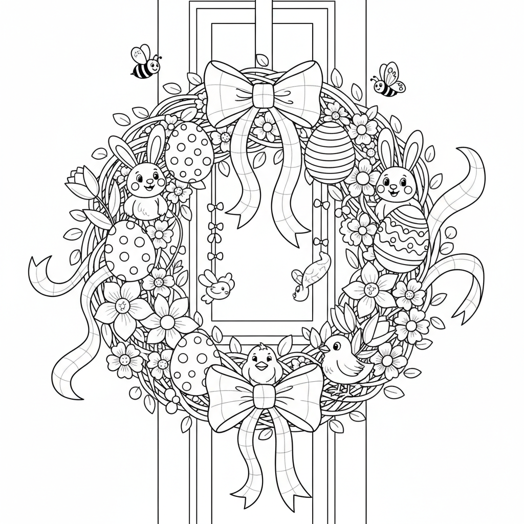 Świąteczny wianek wielkanocny z jajkami, kwiatami i wstążkami, wiszący na drzwiach, kolorowanka dla dzieci, czarne ko...