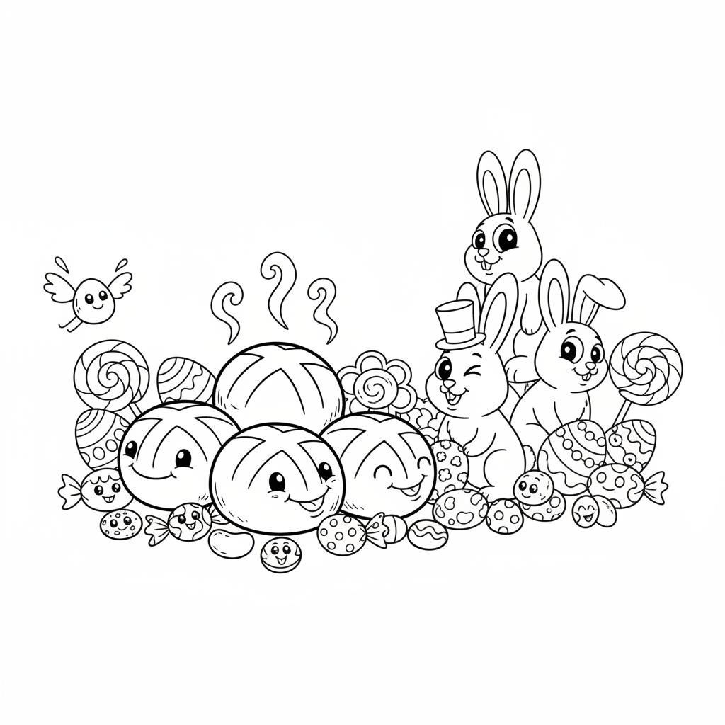 Kolekcja wielkanocnych przysmaków: bułki hot cross, czekoladowe zajączki i kolorowe cukierki, kolorowanka dla dzieci, c...