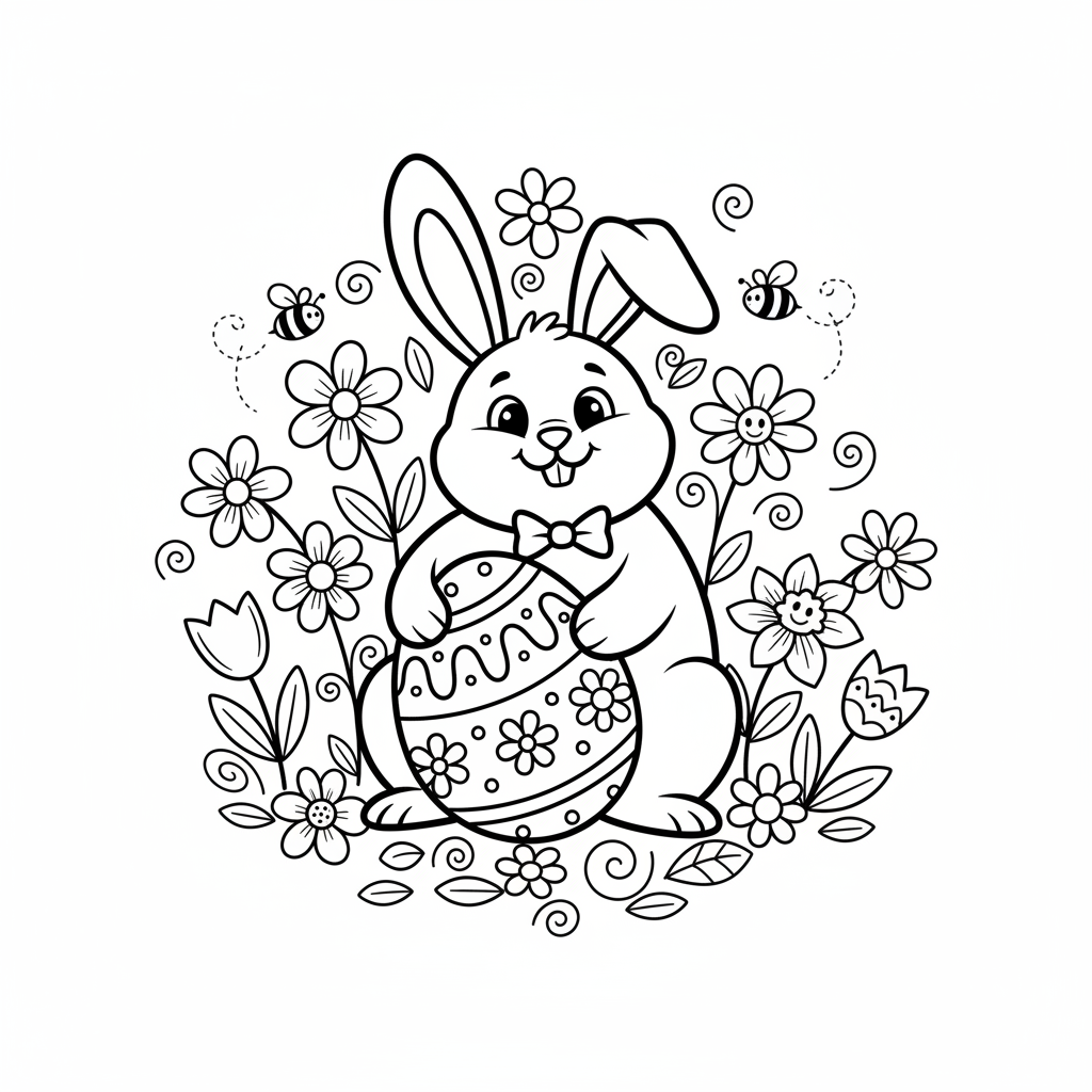 Uroczy zajączek wielkanocny trzymający ozdobione jajko, otoczony wiosennymi kwiatami, kolorowanka dla dzieci, czarne kon...