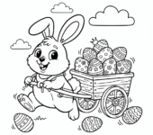 Uroczy zajączek ciągnący mały wózek wypełniony ozdobionymi jajkami, kolorowanka dla dzieci, czarne kontury, białe t...