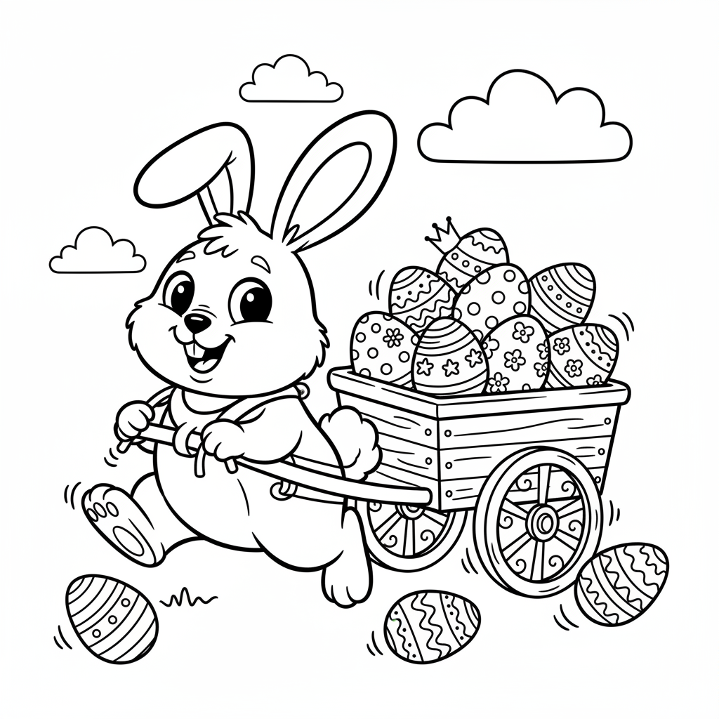 Uroczy zajączek ciągnący mały wózek wypełniony ozdobionymi jajkami, kolorowanka dla dzieci, czarne kontury, białe t...