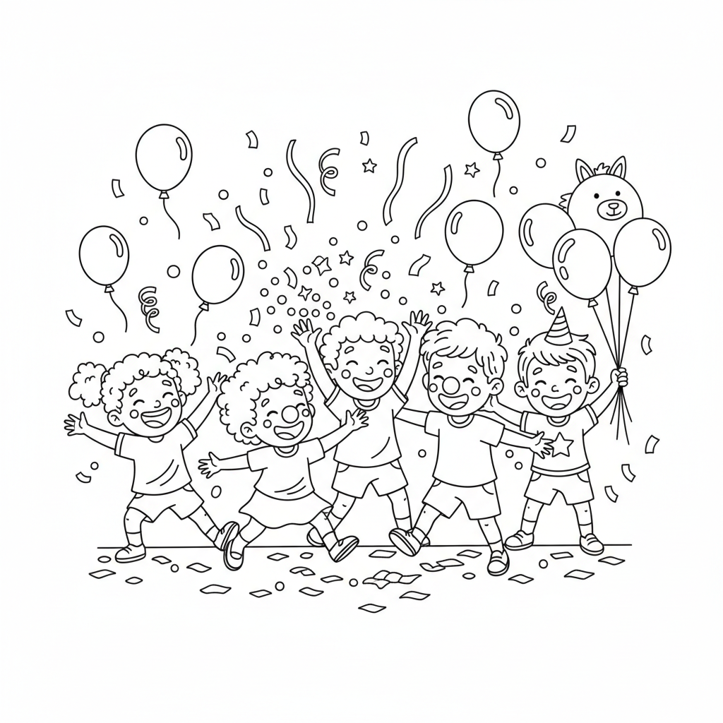 Szczęśliwa grupa dzieci bawiących się razem, śmiejących się i dobrze się bawiących, otoczona balonami i konfetti,...