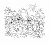 Grupa dzieci bawiących się balonami z wodą w gorący letni dzień, kolorowanka dla dzieci, czarne kontury, białe tło.