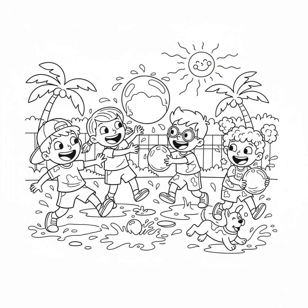 Grupa dzieci bawiących się balonami z wodą w gorący letni dzień, kolorowanka dla dzieci, czarne kontury, białe tło.