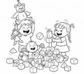 Dzieci bawiące się różnymi zabawkami: misiem, lalką, klockami, kolorowanka dla dzieci, czarne kontury, białe tło.