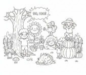 Grupa dzieci bawiących się w chowanego w ogrodzie, z jednym dzieckiem liczącym, kolorowanka dla dzieci, czarne kontury,...