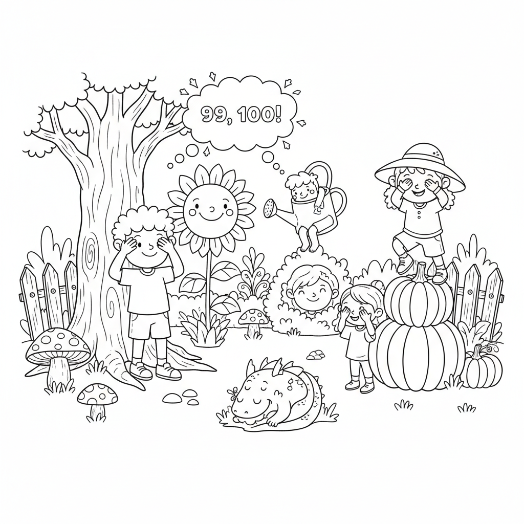 Grupa dzieci bawiących się w chowanego w ogrodzie, z jednym dzieckiem liczącym, kolorowanka dla dzieci, czarne kontury,...