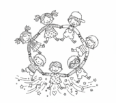 Grupa dzieci trzymających się za ręce w kręgu, symbolizująca przyjaźń i jedność, kolorowanka dla dzieci, czarne k...