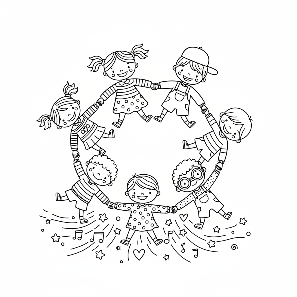 Grupa dzieci trzymających się za ręce w kręgu, symbolizująca przyjaźń i jedność, kolorowanka dla dzieci, czarne k...
