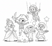 Grupa dzieci ubranych w różne kostiumy (np. księżniczka, pirat, astronauta), urządzających bal przebierańców, kolo...