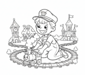 Dziecko bawiące się zestawem kolejki zabawkowej, z torami i miniaturowymi budynkami, kolorowanka dla dzieci, czarne kont...