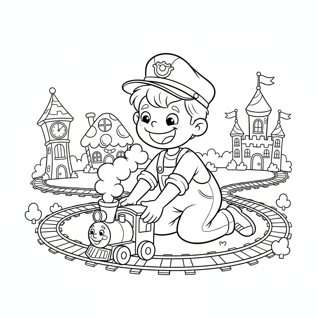 Dziecko bawiące się zestawem kolejki zabawkowej, z torami i miniaturowymi budynkami, kolorowanka dla dzieci, czarne kont...