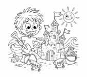 Dziecko budujące zamek z piasku na plaży, z wiaderkiem i łopatką, kolorowanka dla dzieci, czarne kontury, białe tło.