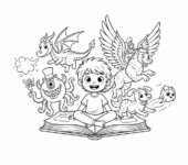 Dziecko czytające fantastyczną bajkę, z wyobrażonymi stworzeniami wychodzącymi z jej stron, kolorowanka dla dzieci, c...