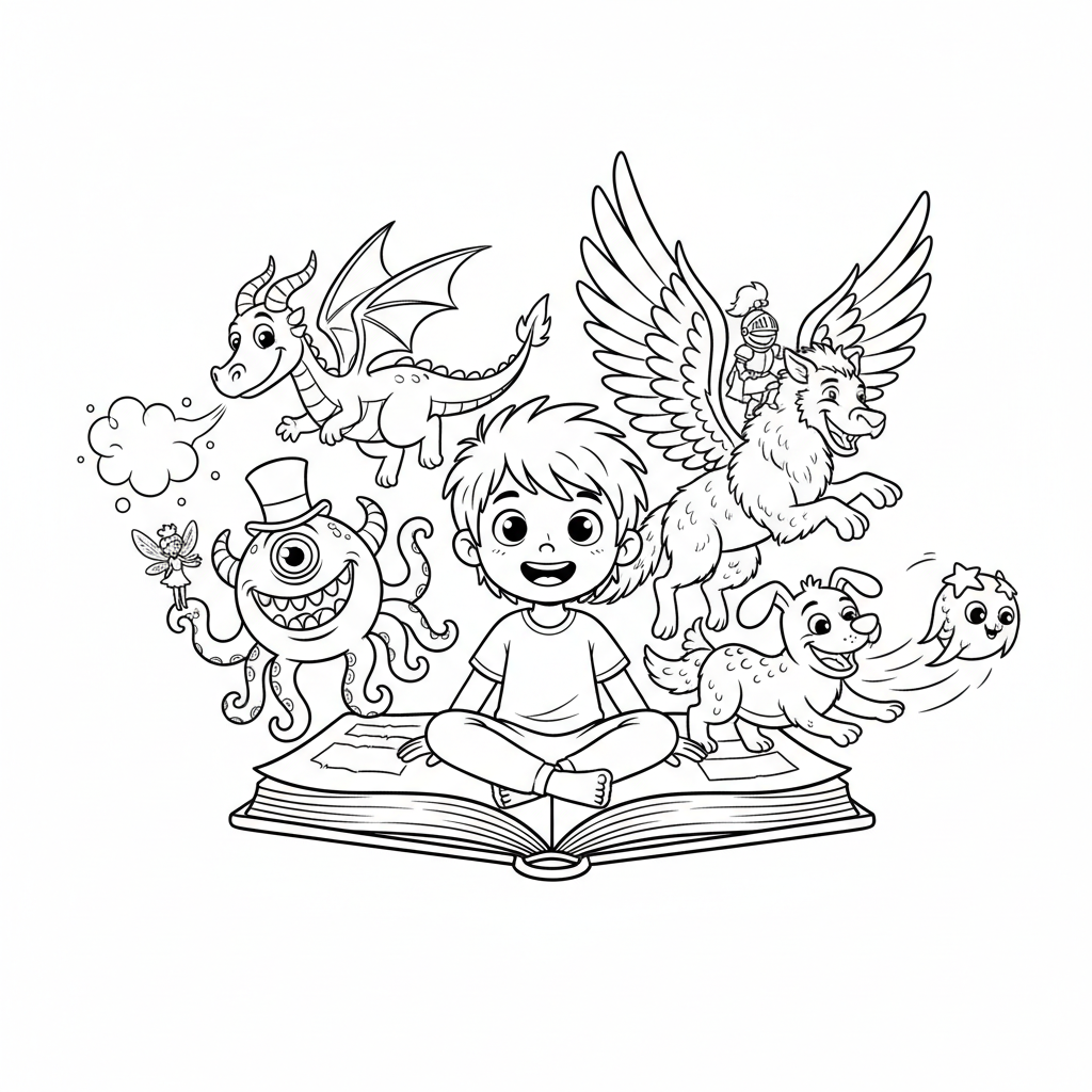 Dziecko czytające fantastyczną bajkę, z wyobrażonymi stworzeniami wychodzącymi z jej stron, kolorowanka dla dzieci, c...