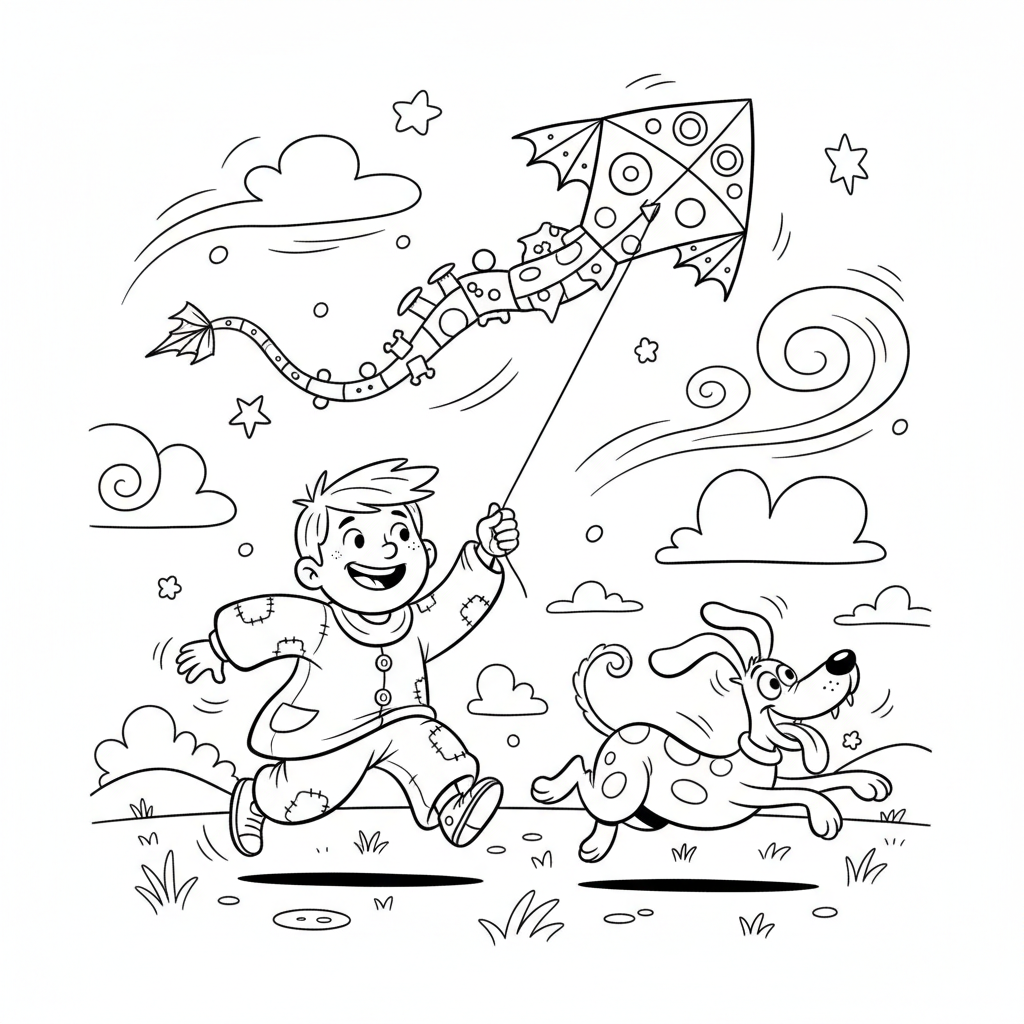 Dziecko latające kolorowym latawcem na wietrznym polu, z wesołym psem biegnącym obok, kolorowanka dla dzieci, czarne ko...