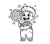 Dziecko z ogromnym uśmiechem, trzymające dużą lizaka, kolorowanka dla dzieci, czarne kontury, białe tło.