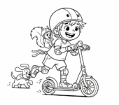 Dziecko jadące na hulajnodze, w kasku i ochraniaczach, kolorowanka dla dzieci, czarne kontury, białe tło.