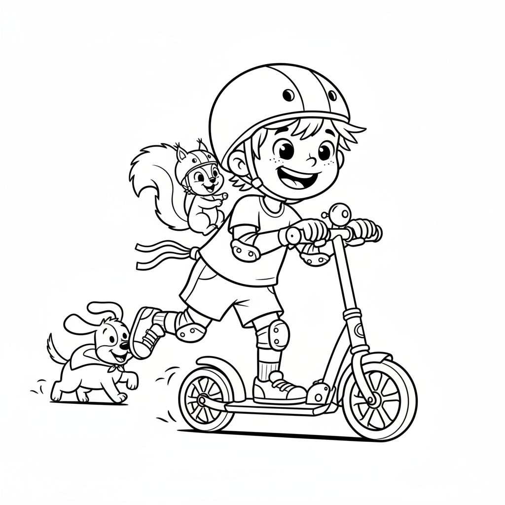 Dziecko jadące na hulajnodze, w kasku i ochraniaczach, kolorowanka dla dzieci, czarne kontury, białe tło.