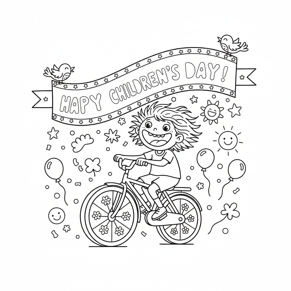 Dziecko jadące na rowerze z szerokim uśmiechem, z banerem "Szczęśliwego Dnia Dziecka" w tle, kolorowanka dla dzieci, c...