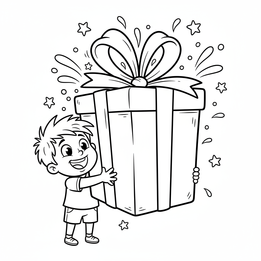 Dziecko otrzymujące duży prezent owinięty kokardą, z podekscytowanym wyrazem twarzy, kolorowanka dla dzieci, czarne ko...