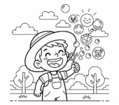 Dziecko puszczające bańki mydlane w słonecznym parku, z radosnym wyrazem twarzy, kolorowanka dla dzieci, czarne kontury...