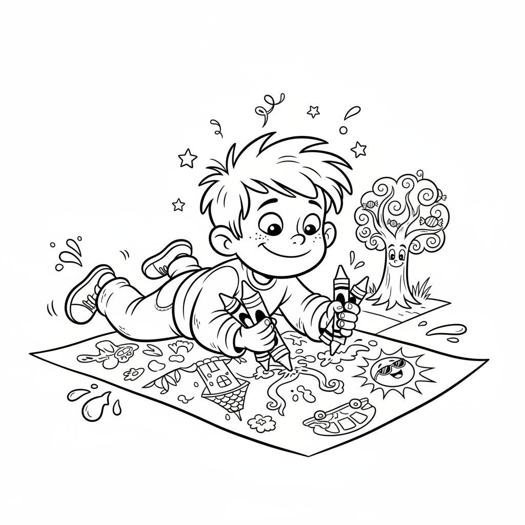 Dziecko rysujące kredkami na dużym kawałku papieru, wyrażające kreatywność, kolorowanka dla dzieci, czarne kontury,...