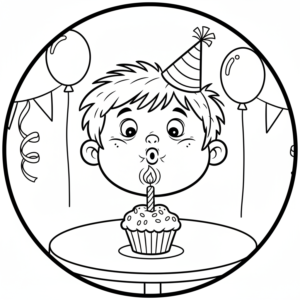 Dziecko zdmuchujące świeczki na małej babeczce, świętujące urodziny, kolorowanka dla dzieci, czarne kontury, białe ...