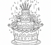 Duży, pyszny tort urodzinowy ze świeczkami, gotowy do krojenia, kolorowanka dla dzieci, czarne kontury, białe tło.