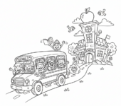 Autobus szkolny jadący w kierunku budynku szkoły, ze szczęśliwymi dziećmi w środku, kolorowanka dla dzieci, czarne k...