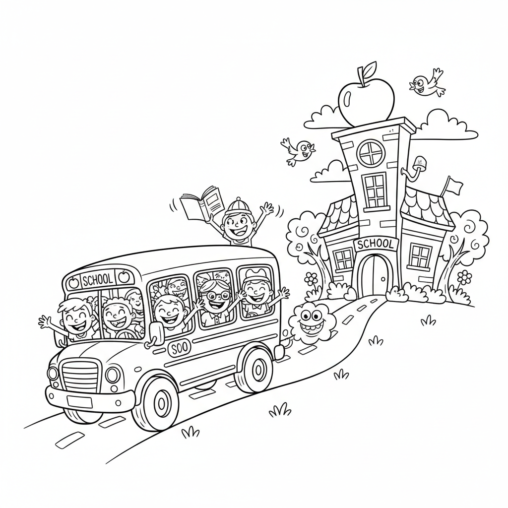 Autobus szkolny jadący w kierunku budynku szkoły, ze szczęśliwymi dziećmi w środku, kolorowanka dla dzieci, czarne k...