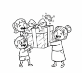 Dzieci wręczające nauczycielowi duży, zapakowany prezent, kolorowanka dla dzieci, czarne kontury, białe tło.