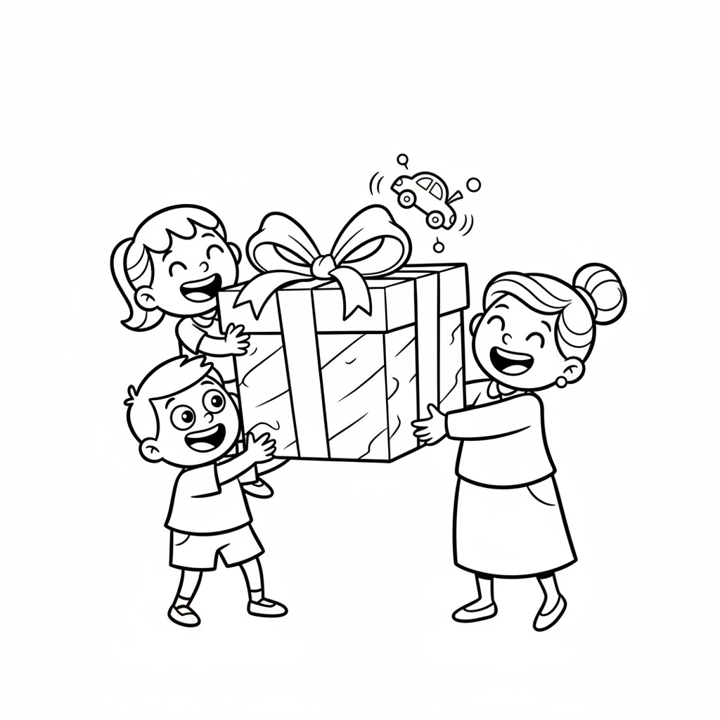 Dzieci wręczające nauczycielowi duży, zapakowany prezent, kolorowanka dla dzieci, czarne kontury, białe tło.