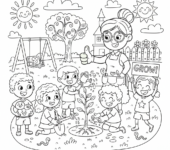 Grupa dzieci sadzących drzewo na boisku szkolnym, pod nadzorem nauczyciela, kolorowanka dla dzieci, czarne kontury, biał...