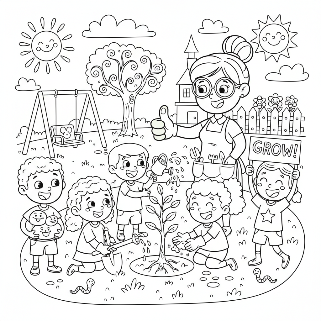 Grupa dzieci sadzących drzewo na boisku szkolnym, pod nadzorem nauczyciela, kolorowanka dla dzieci, czarne kontury, biał...