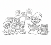 Grupa dzieci siedzących na podłodze, słuchających uważnie nauczyciela czytającego książkę, kolorowanka dla dzieci...