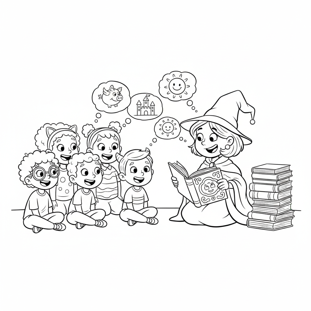 Grupa dzieci siedzących na podłodze, słuchających uważnie nauczyciela czytającego książkę, kolorowanka dla dzieci...