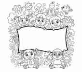 Grupa dzieci trzymających transparent z napisem "Kochamy Naszego Nauczyciela", kolorowanka dla dzieci, czarne kontury, bi...