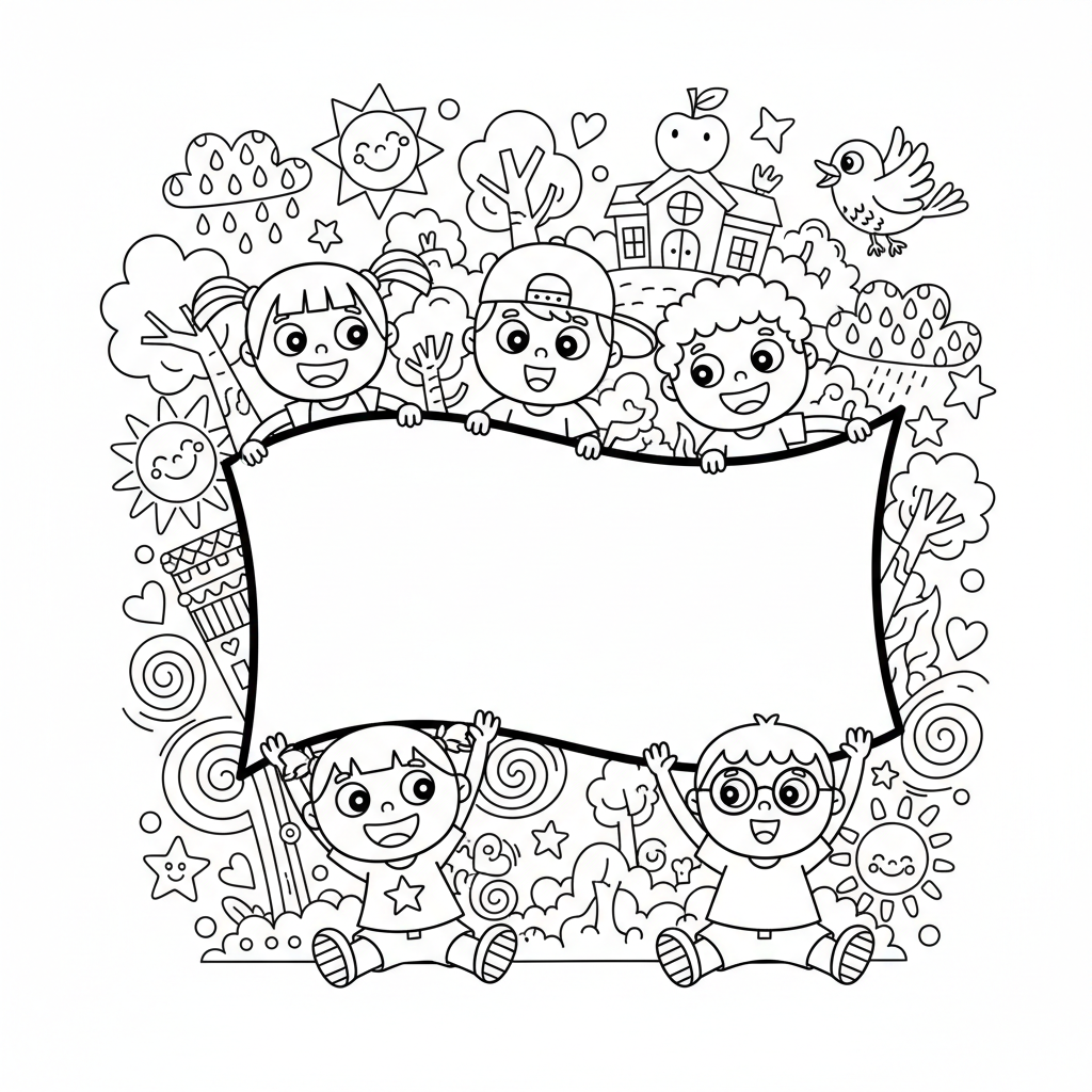 Grupa dzieci trzymających transparent z napisem "Kochamy Naszego Nauczyciela", kolorowanka dla dzieci, czarne kontury, bi...