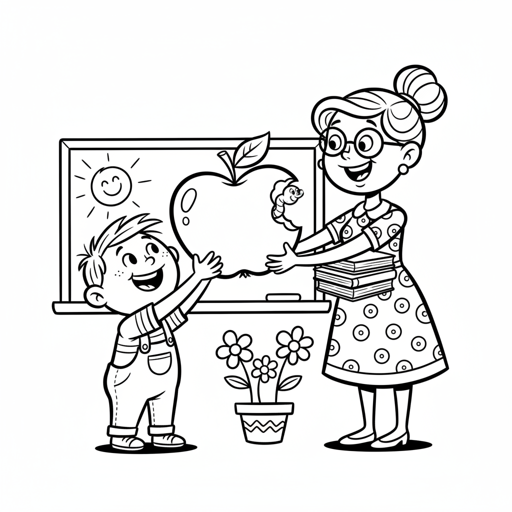 Dziecko wręczające nauczycielowi duże jabłko w kształcie serca, okazujące wdzięczność, kolorowanka dla dzieci, cz...