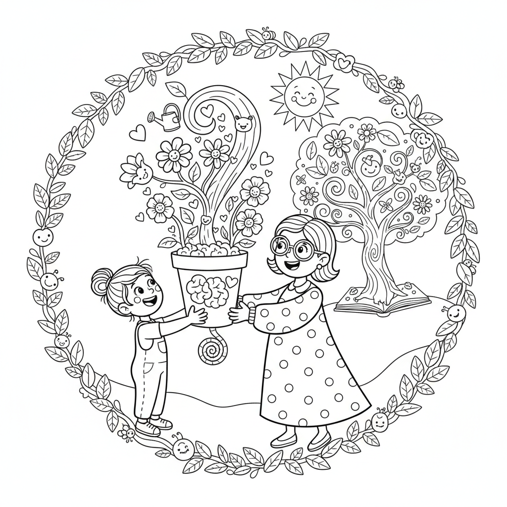 Dziecko wręczające nauczycielowi doniczkę z kwiatami, symbolizującą wzrost i pielęgnację, kolorowanka dla dzieci, c...