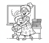 Dziecko serdecznie przytulające nauczyciela, z wyrazem wdzięczności, kolorowanka dla dzieci, czarne kontury, białe tło.