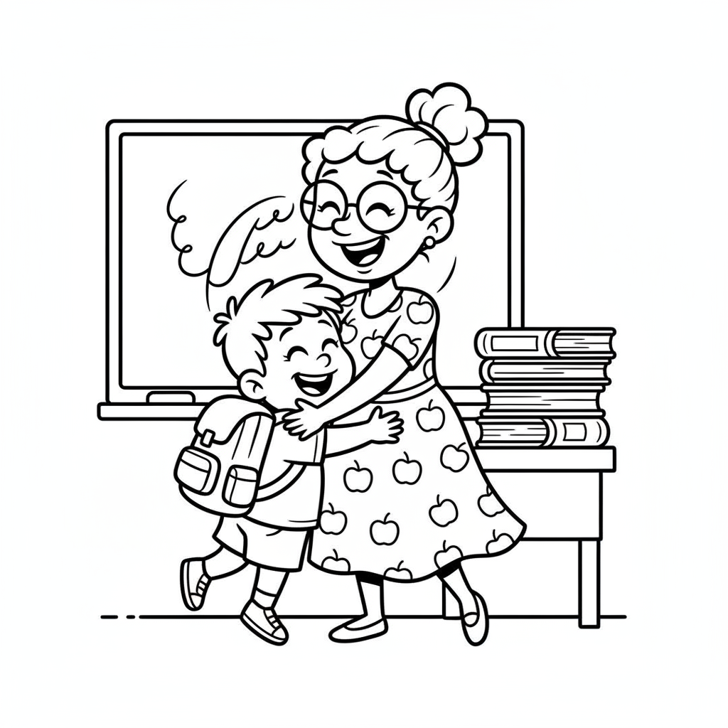 Dziecko serdecznie przytulające nauczyciela, z wyrazem wdzięczności, kolorowanka dla dzieci, czarne kontury, białe tło.