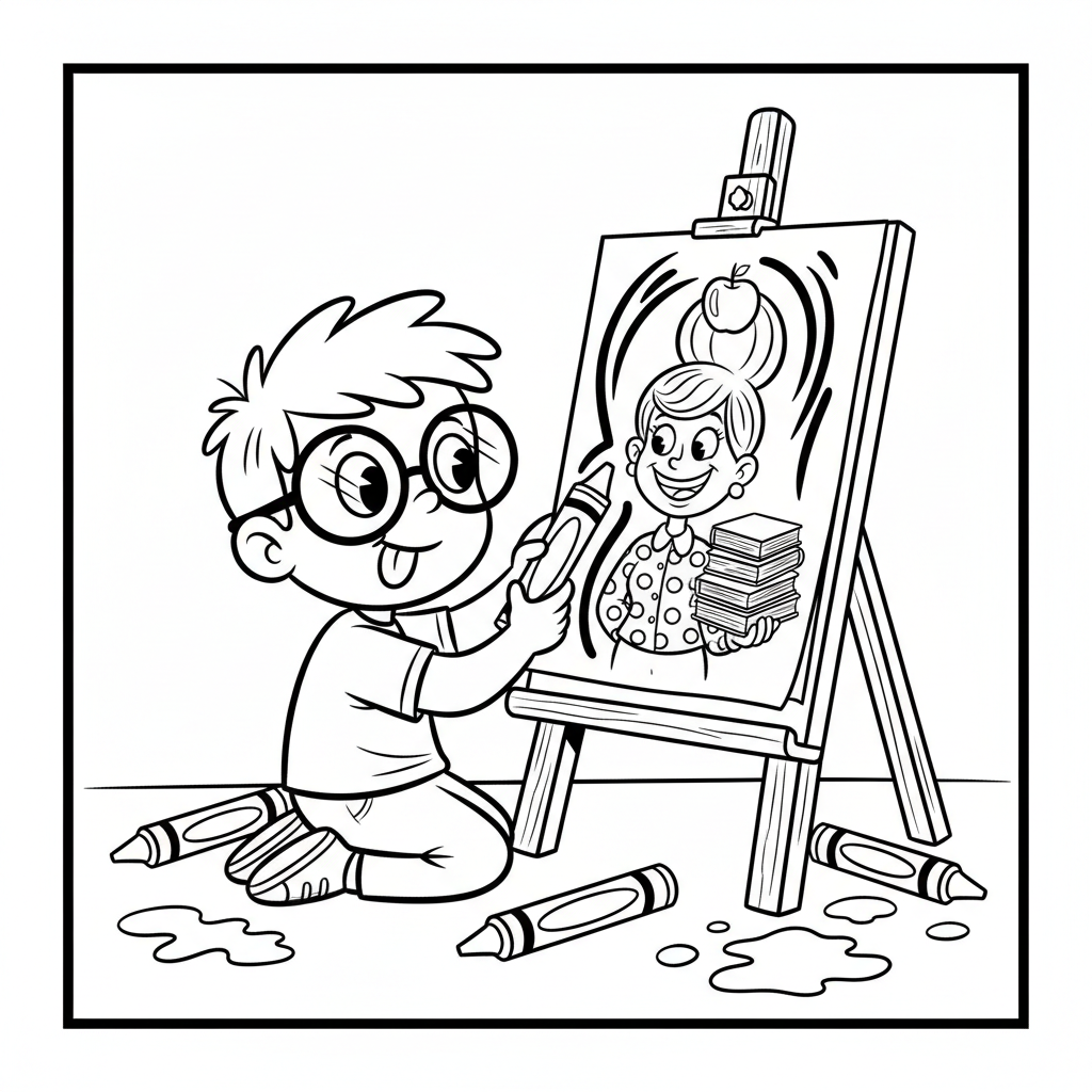 Dziecko rysujące obrazek swojego ulubionego nauczyciela na sztaludze, kolorowanka dla dzieci, czarne kontury, białe tło.