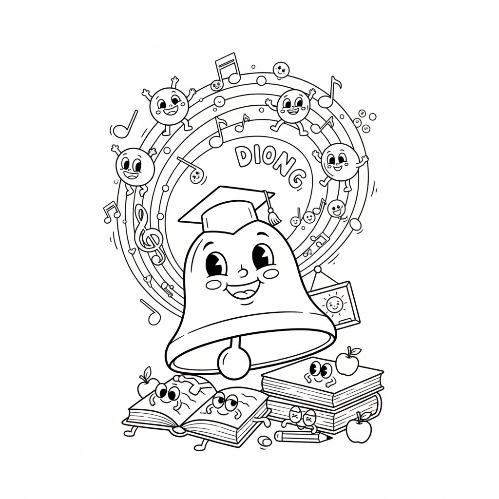 Wesoły dzwonek szkolny dzwoniący, z nutami muzycznymi wokół niego, symbolizujący rozpoczęcie lekcji, kolorowanka dla...