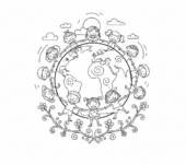 Globus z dziećmi trzymającymi się za ręce wokół niego, symbolizujący nauczanie o świecie, kolorowanka dla dzieci, ...