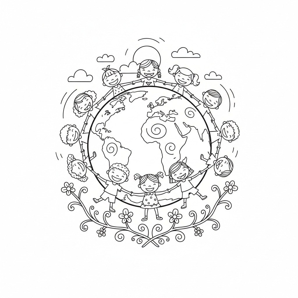 Globus z dziećmi trzymającymi się za ręce wokół niego, symbolizujący nauczanie o świecie, kolorowanka dla dzieci, ...