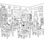 Scena w klasie z biurkami, krzesłami i szczęśliwymi uczniami pracującymi w ciszy, kolorowanka dla dzieci, czarne kontu...